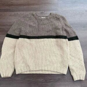 J.CREW Mens Sweater XL Hand Knit 100% Wool Cable Knit Striped Fisherman Chunky